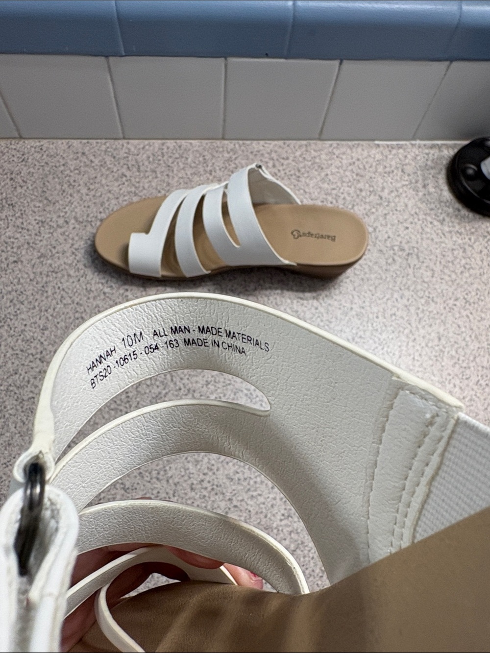 BareTraps White Strappy Slide Sandals with Tan Footbed - Picture 5 of 8